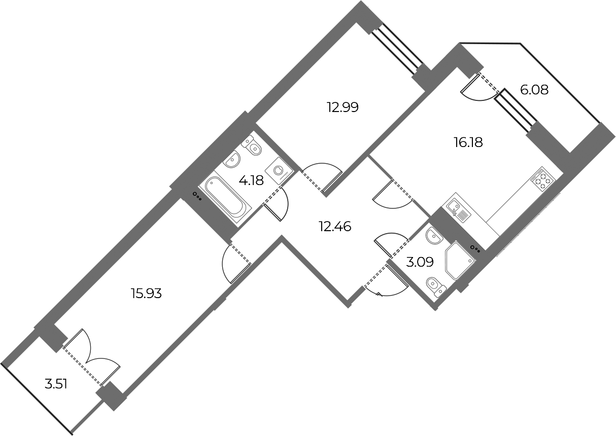 2-комнатная квартира 68.92 м², 19/20 эт., ЖК «Огни Залива»